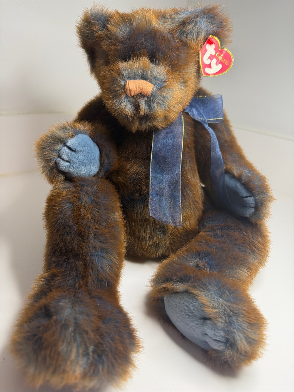 Ty Brown Plush Teddy with Blue Accents and Bow